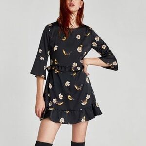 Zara Floral Bird Dress with Bell Sleeves Medium NWT